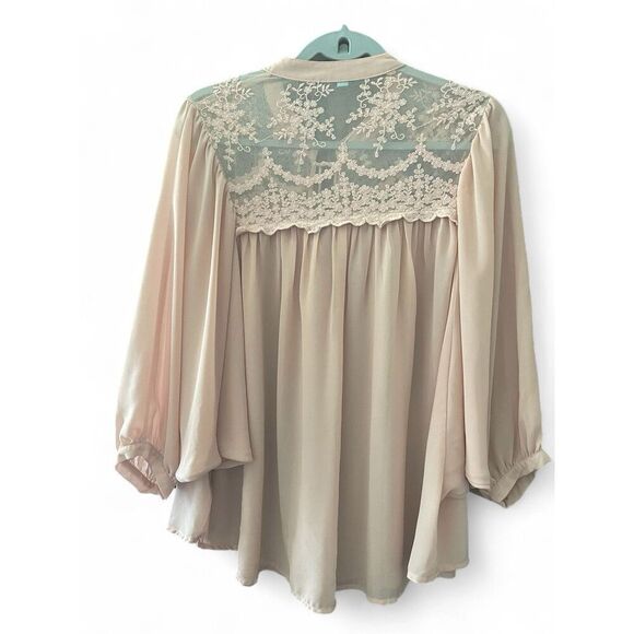 She + Sky Women's Pink Lace Blouse M 70% Silk Boho Peasant Romantic Style - Picture 2 of 5